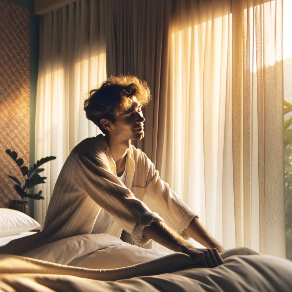 Man waking up as sunlight streams into room