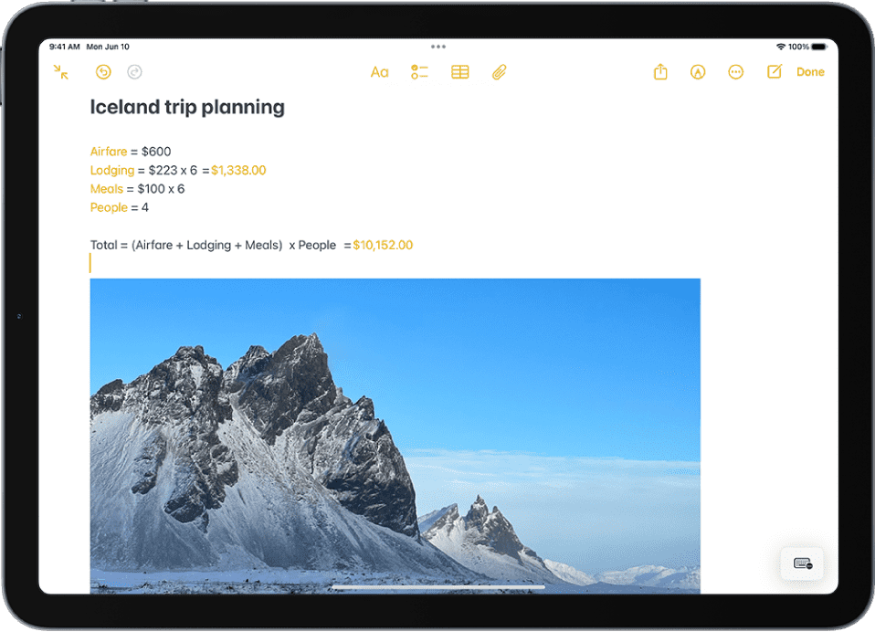 iPad screen showing Apple Notes with an Iceland trip planning note, including costs and a photo of snowy mountains.