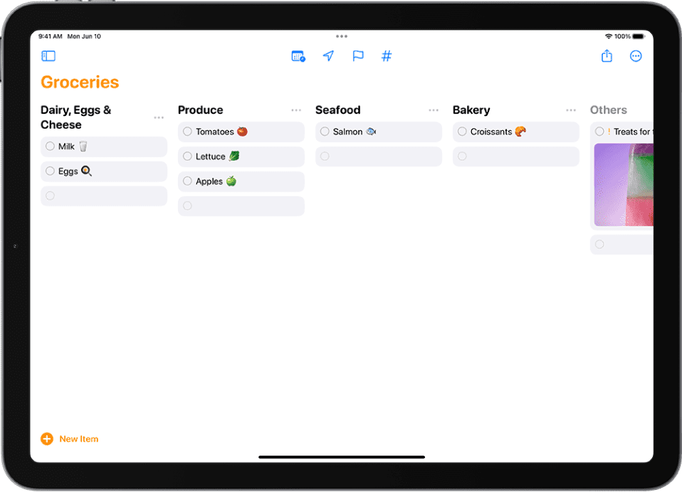 iPad screen showing Apple Reminders app with a categorized grocery list organized by food type.