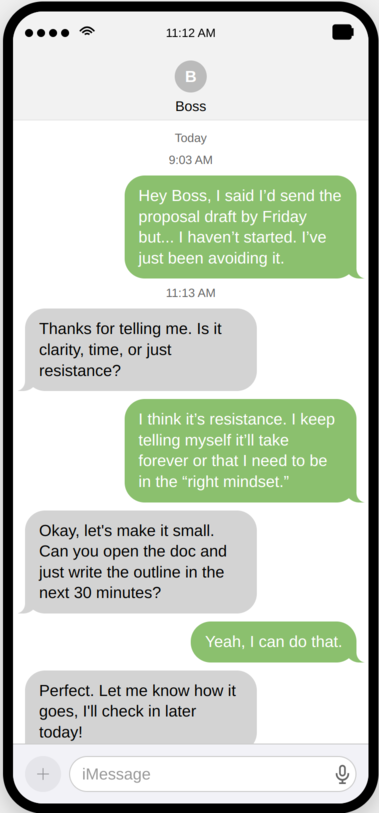 iPhone chat between client and Boss. Client admits avoiding a task; Boss suggests a small next step and plans a follow-up.