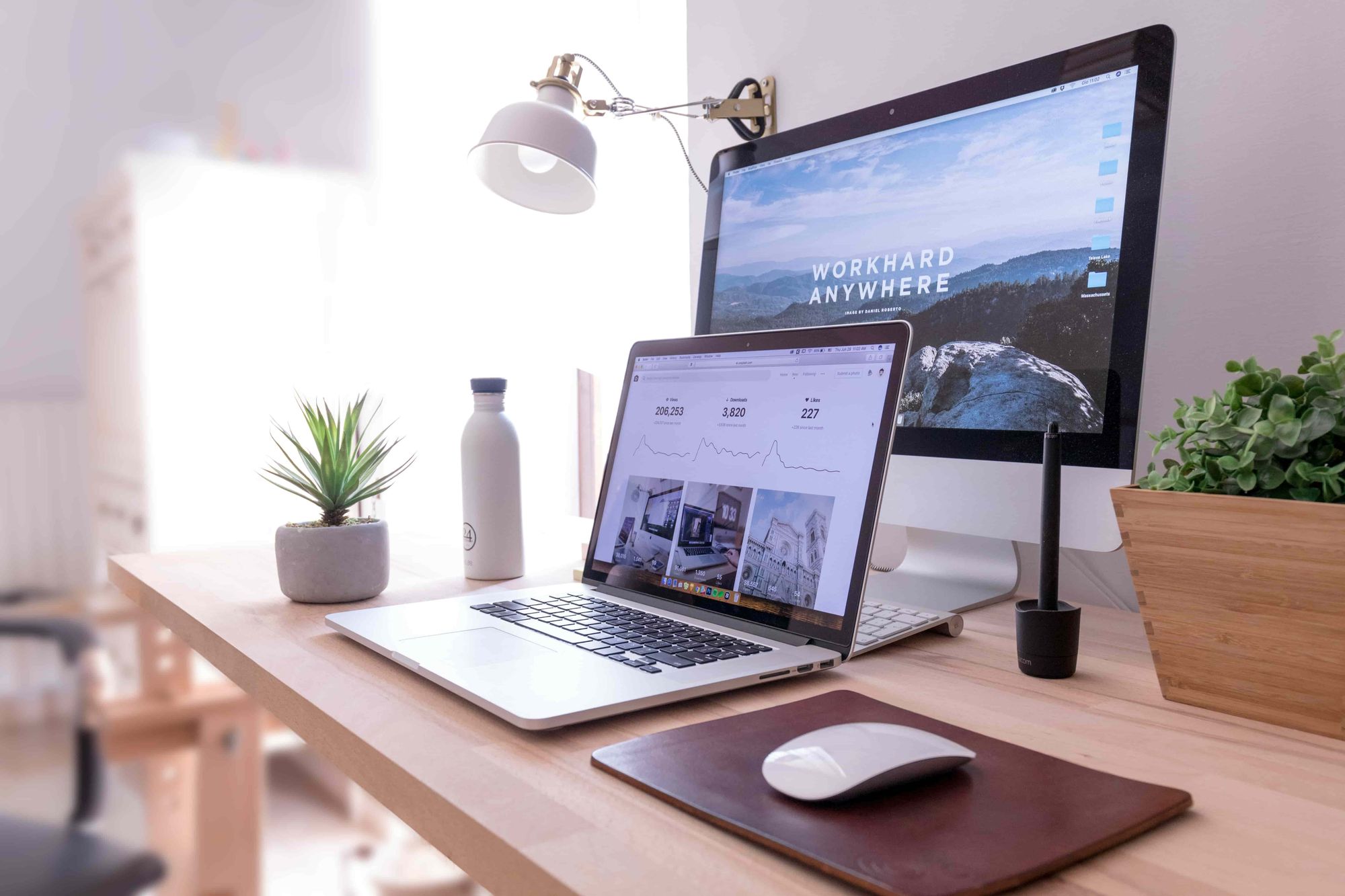 Clean, organized desk setup with a laptop, monitor, indoor plant, and bright lighting.