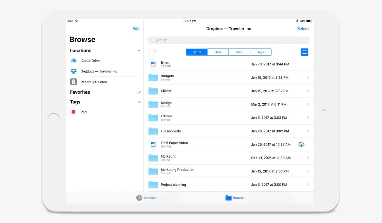 iPad screen showing Dropbox app interface with folders, file names, sizes, and sharing details.