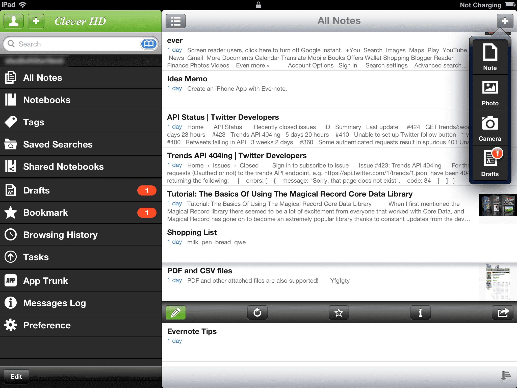Evernote app on iPad showing a list of saved notes and documents, organized with tags and notebooks.