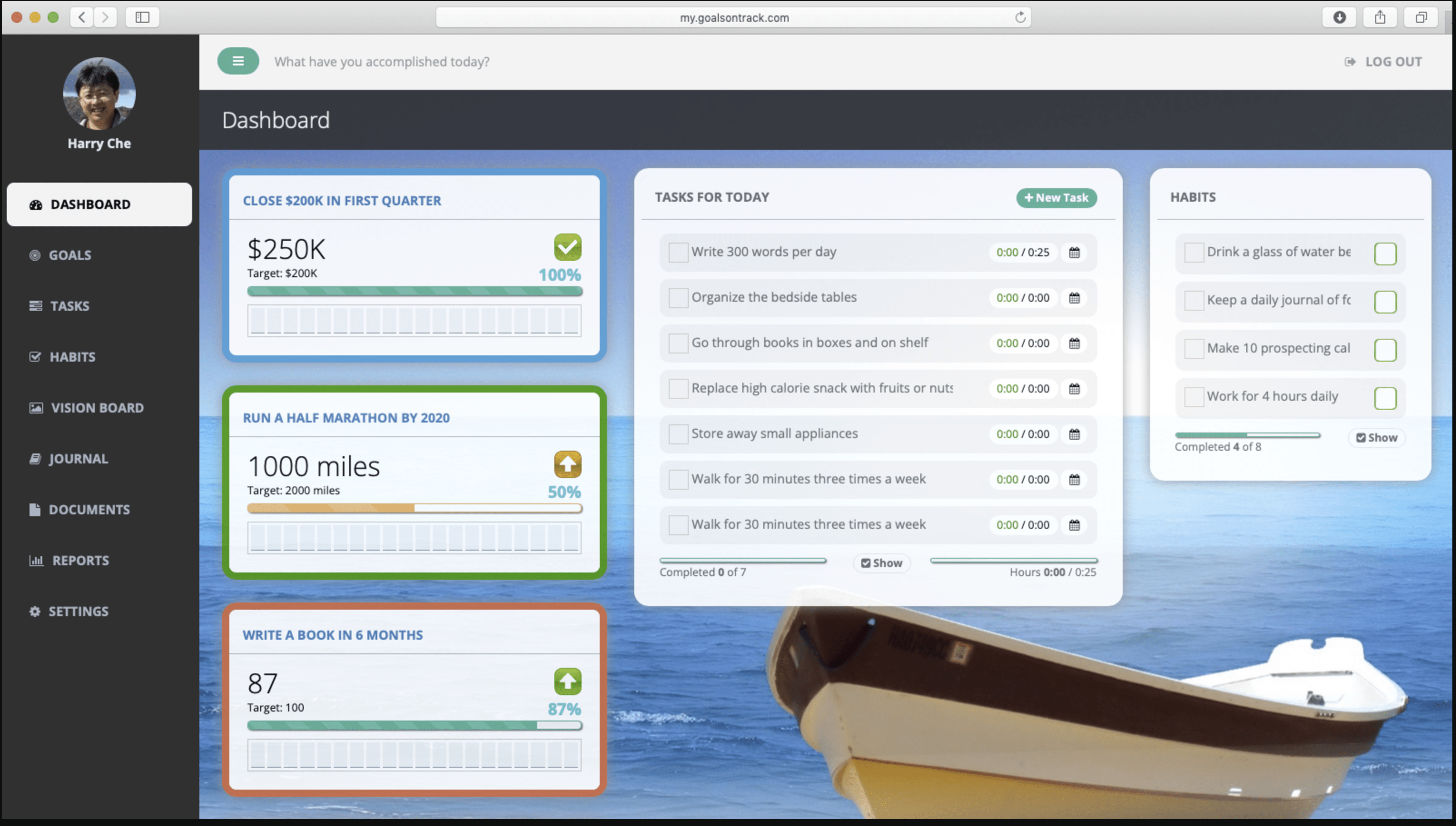 GoalsOnTrack app showing dashboard with goal progress tracking, tasks, habits, and journal.