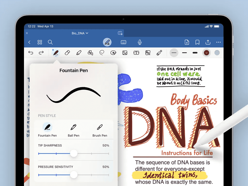iPad screen displaying handwritten notes in Goodnotes 6 with custom pen settings and annotation tools.