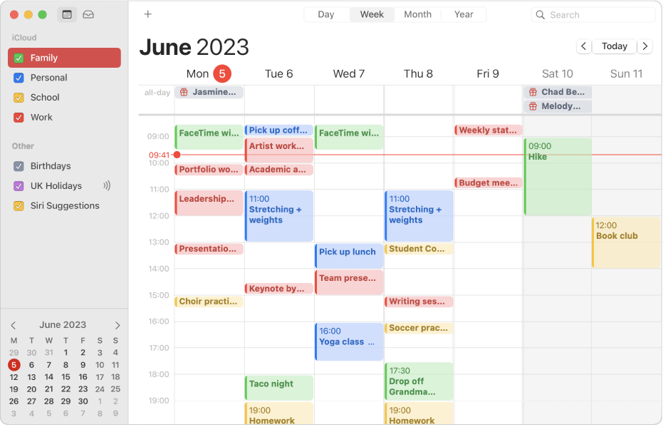 Apple Calendar app on iPad showing detailed weekly schedule with color-coded events across multiple calendars.