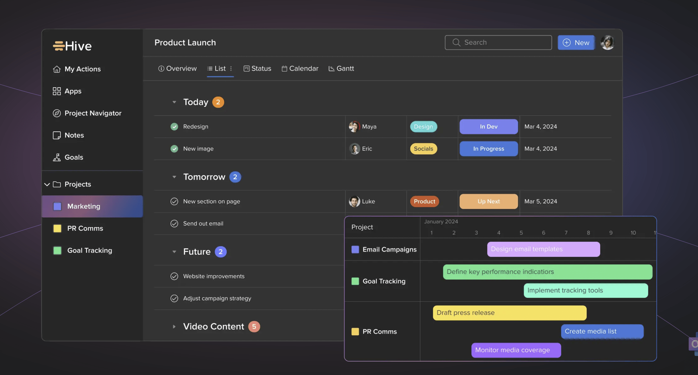 Hive project management interface showing tasks organized by day, team, and project status.