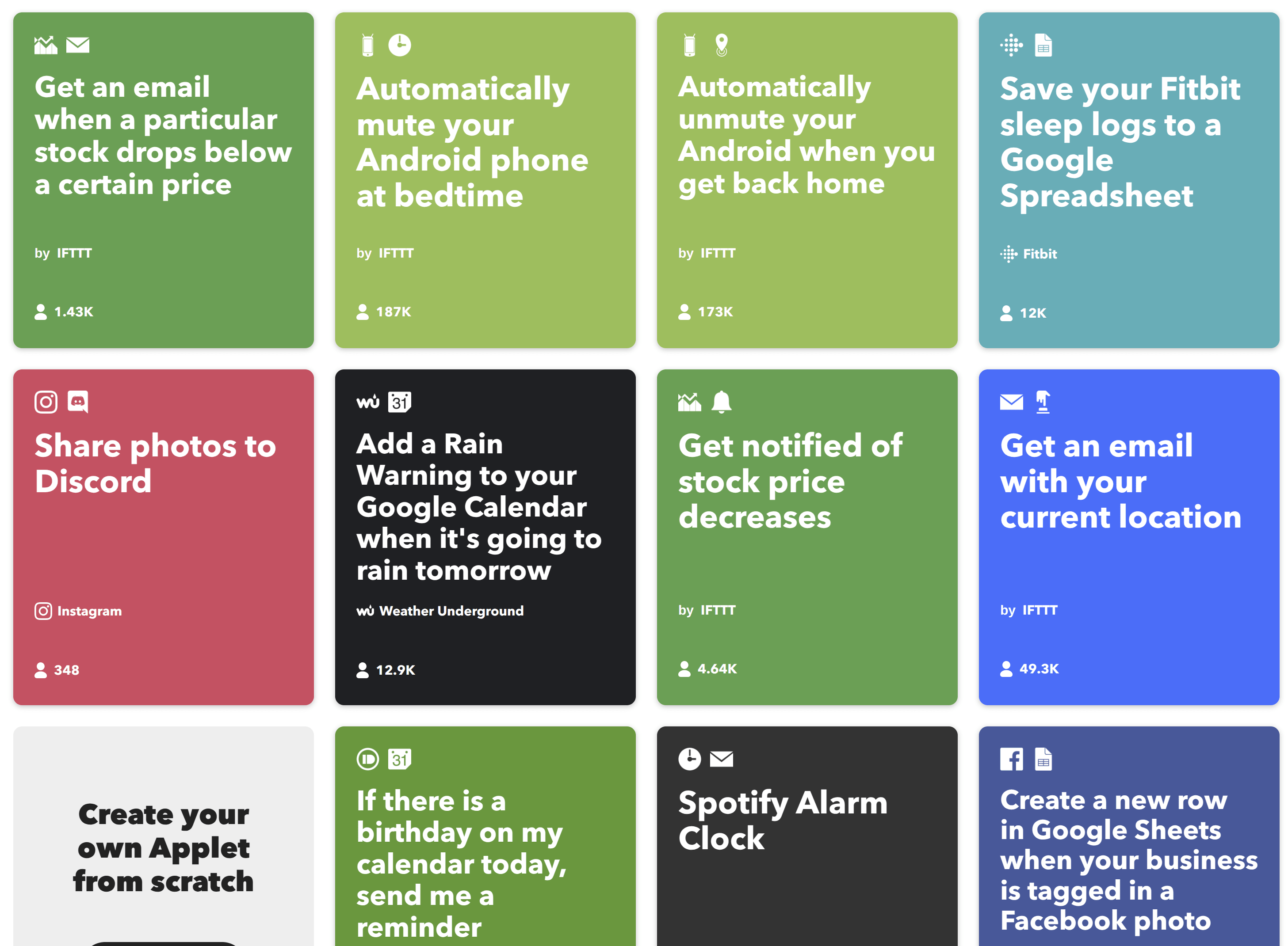 IFTTT app interface showing a gallery of automation applets for email, calendar, social media, and more.