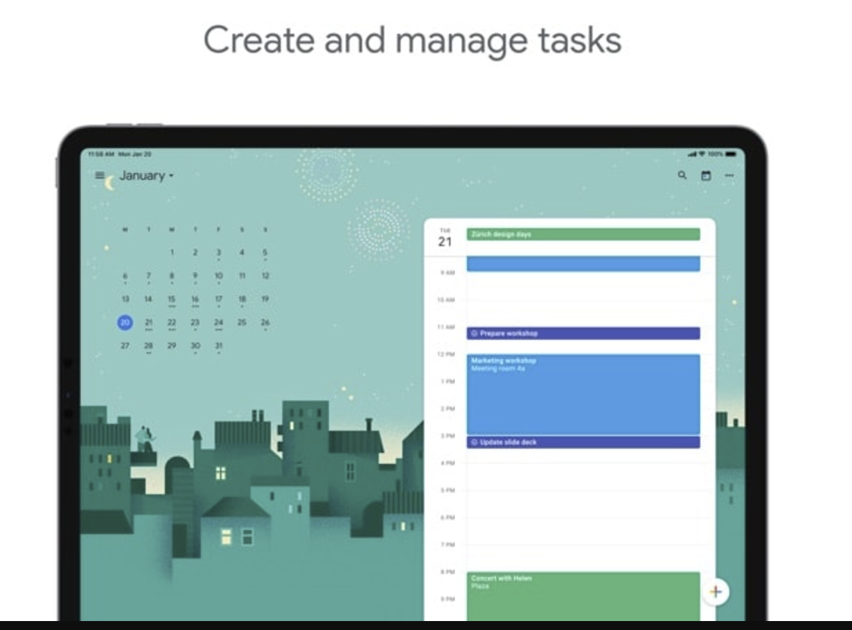 Google Calendar app interface on iPad showing full-day agenda with time blocks and task management features.