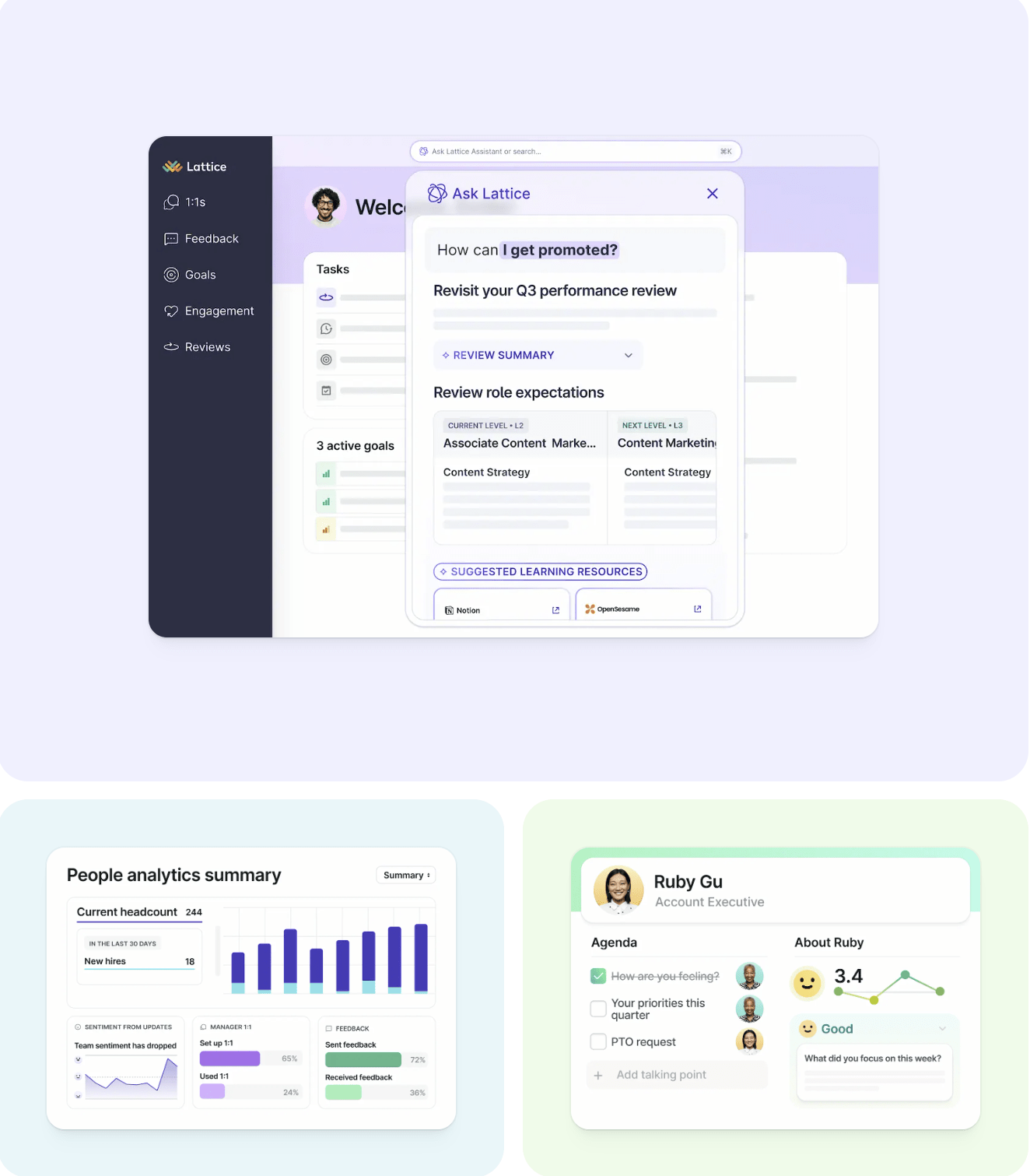 Lattice platform showing goals, feedback, performance tracking, and AI-powered review summaries.