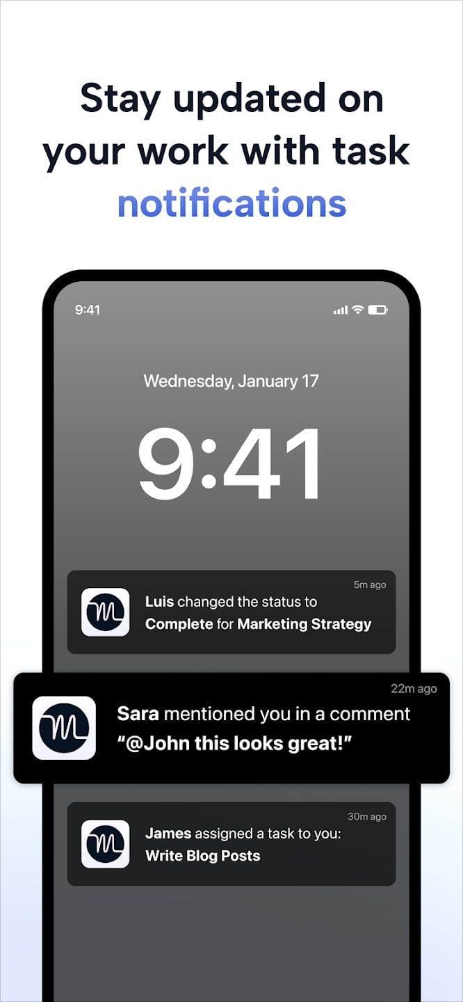 Motion app interface showing real-time task notifications, assignments, and updates on mobile.