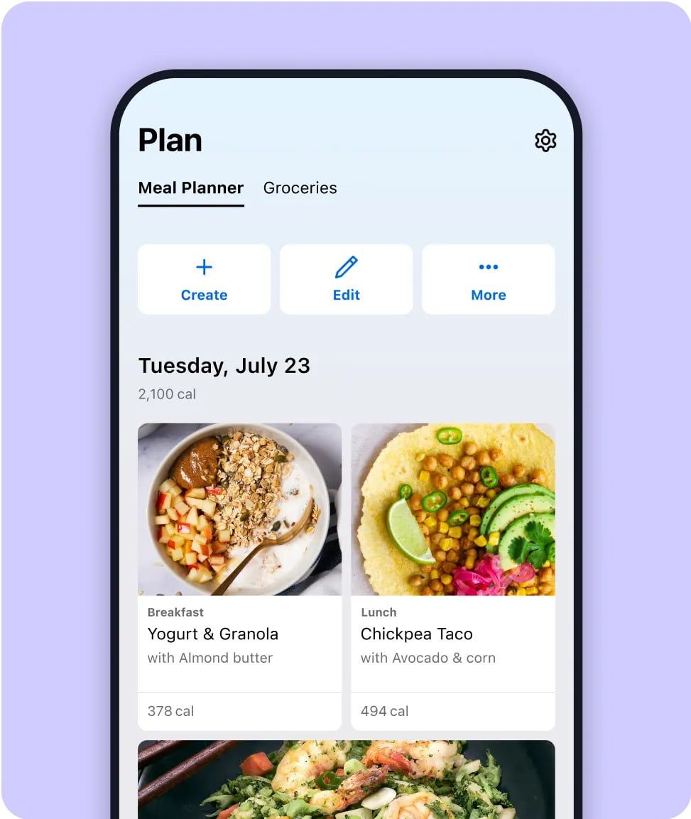 MyFitnessPal meal planner screen with logged meals and calorie breakdown for breakfast and lunch.