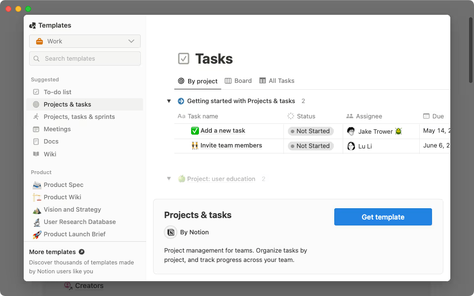 Notion app on desktop showing task management template with project list, assignees, and statuses.