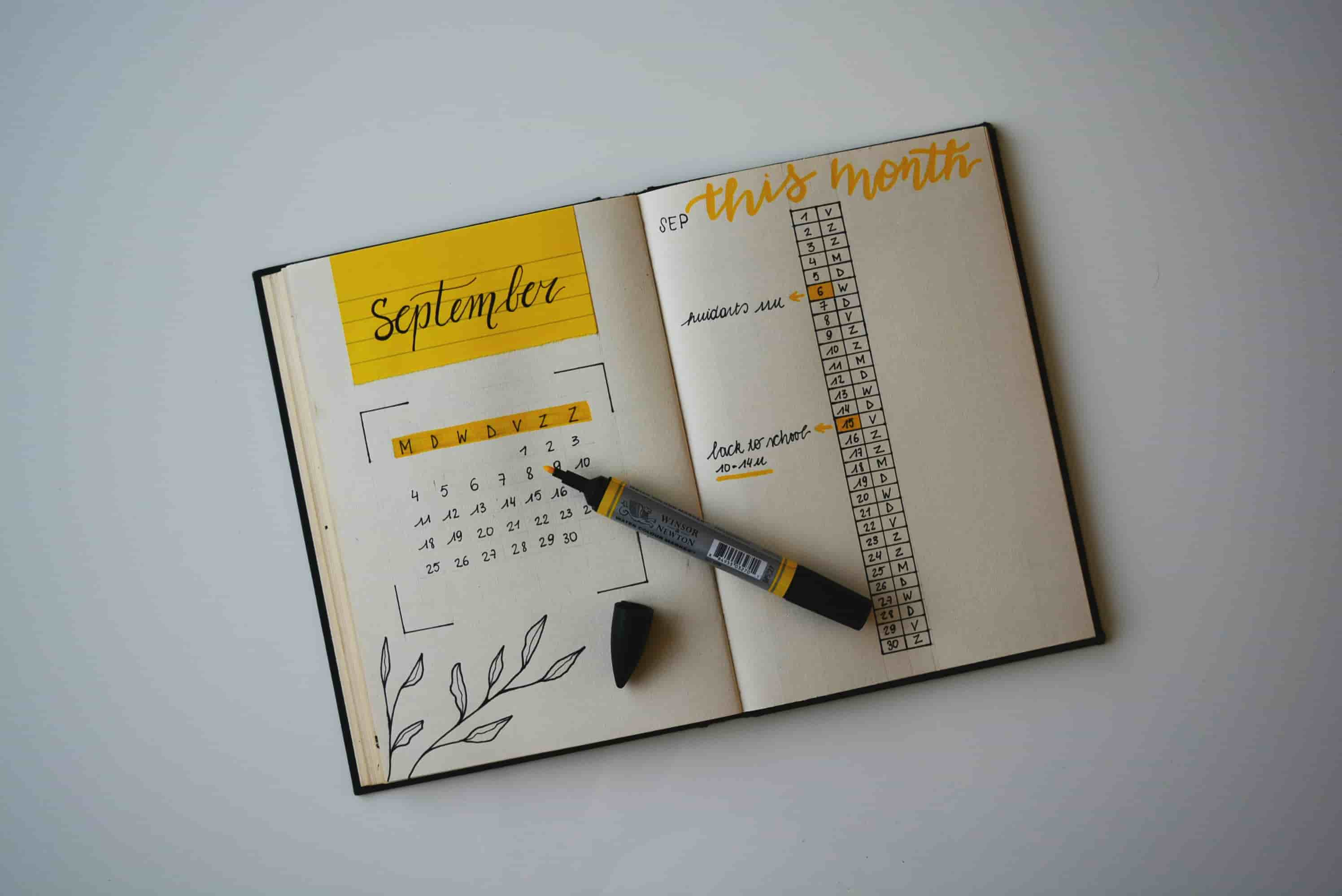 Open bullet journal showing a September calendar and goal tracker with a yellow marker.