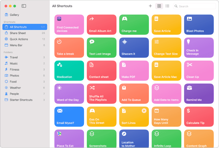 iPad screen showing the Apple Shortcuts app with a colorful grid of automation shortcuts like “Text Last Image,” “Make PDF,” and “Shazam it.”
