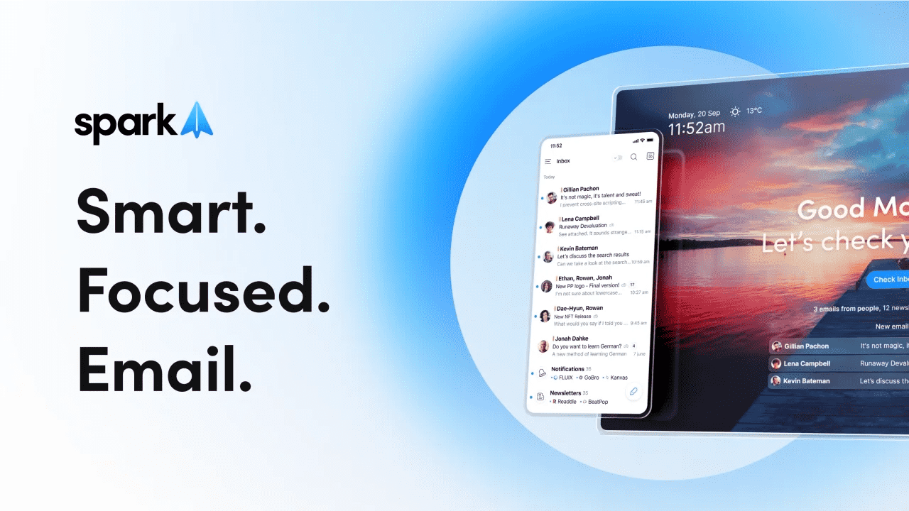 Promotional image showing Spark Mail’s inbox interface and tagline: “Smart. Focused. Email.”