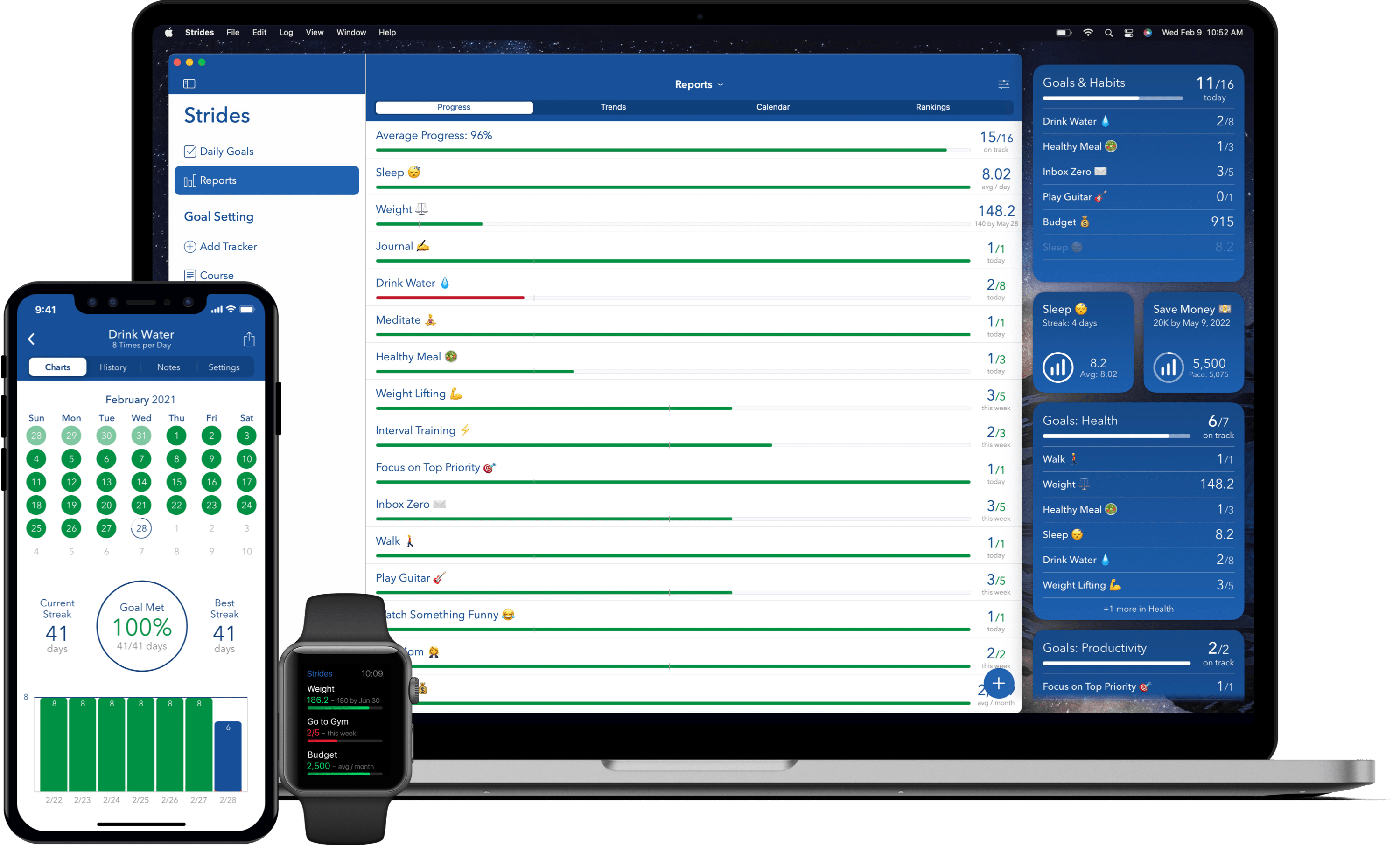 Strides app across desktop, mobile, and smartwatch, showing detailed goal tracking and habit stats.