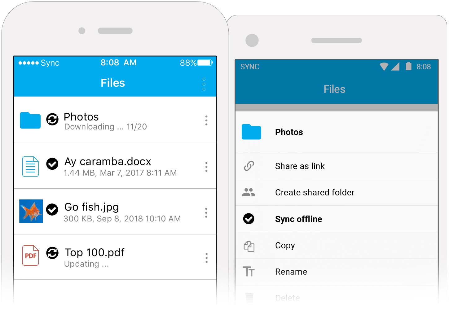 Mobile view of Sync.com app showing files like documents, PDFs, and sharing options including offline sync.