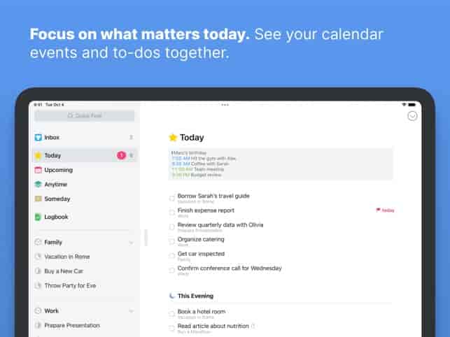 Things app on iPad displaying daily to-do list and scheduled tasks in a clean, distraction-free layout.
