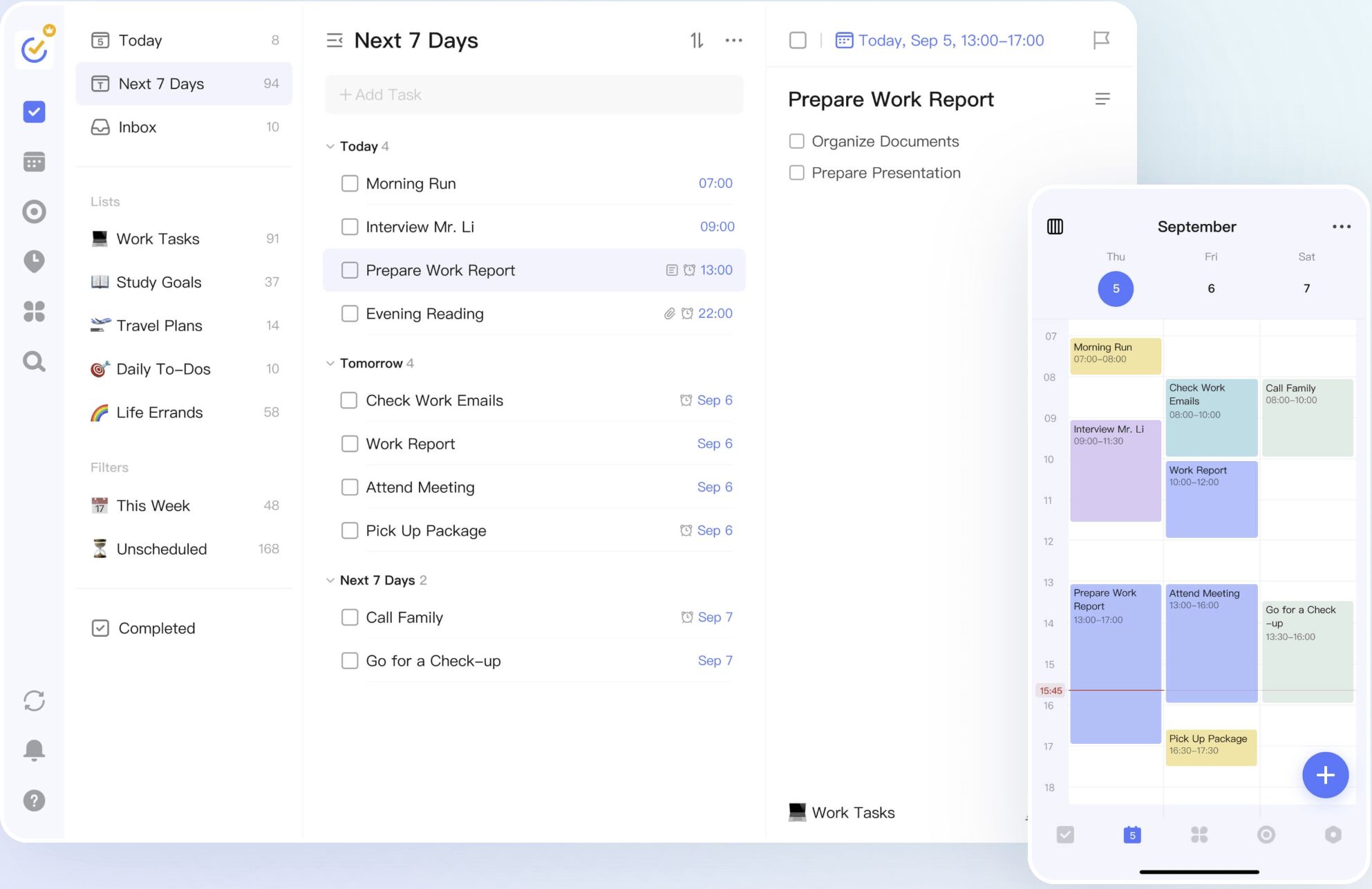 TickTick app interface showing daily tasks, time-blocked calendar, and task list filters.