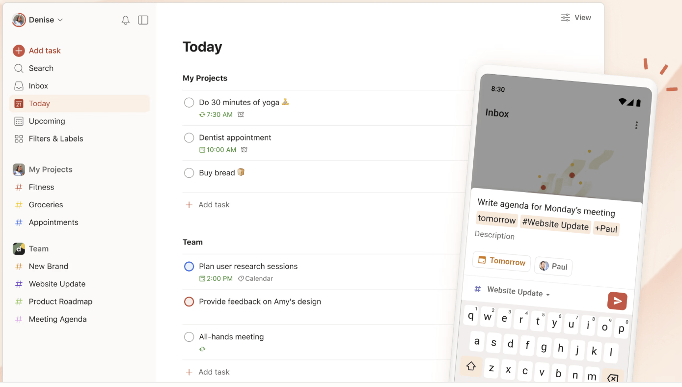 Todoist app dashboard with daily tasks, scheduled projects, and mobile integration.