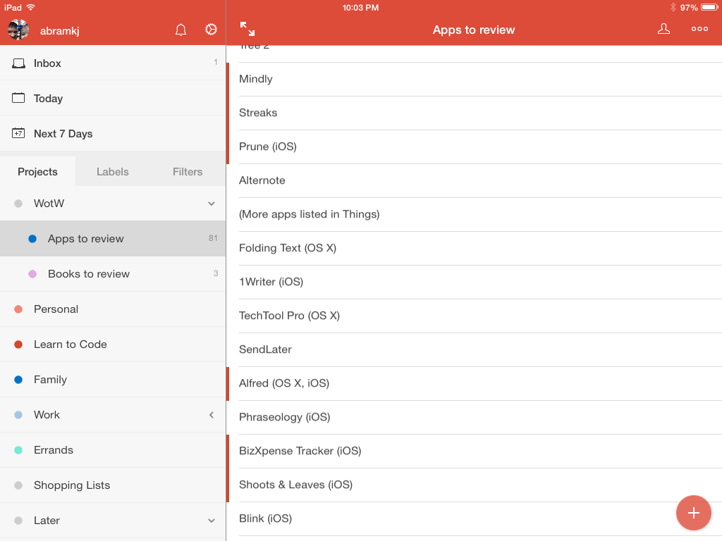 iPad running Todoist app with task list, sidebar of projects, and filters for productivity organization.