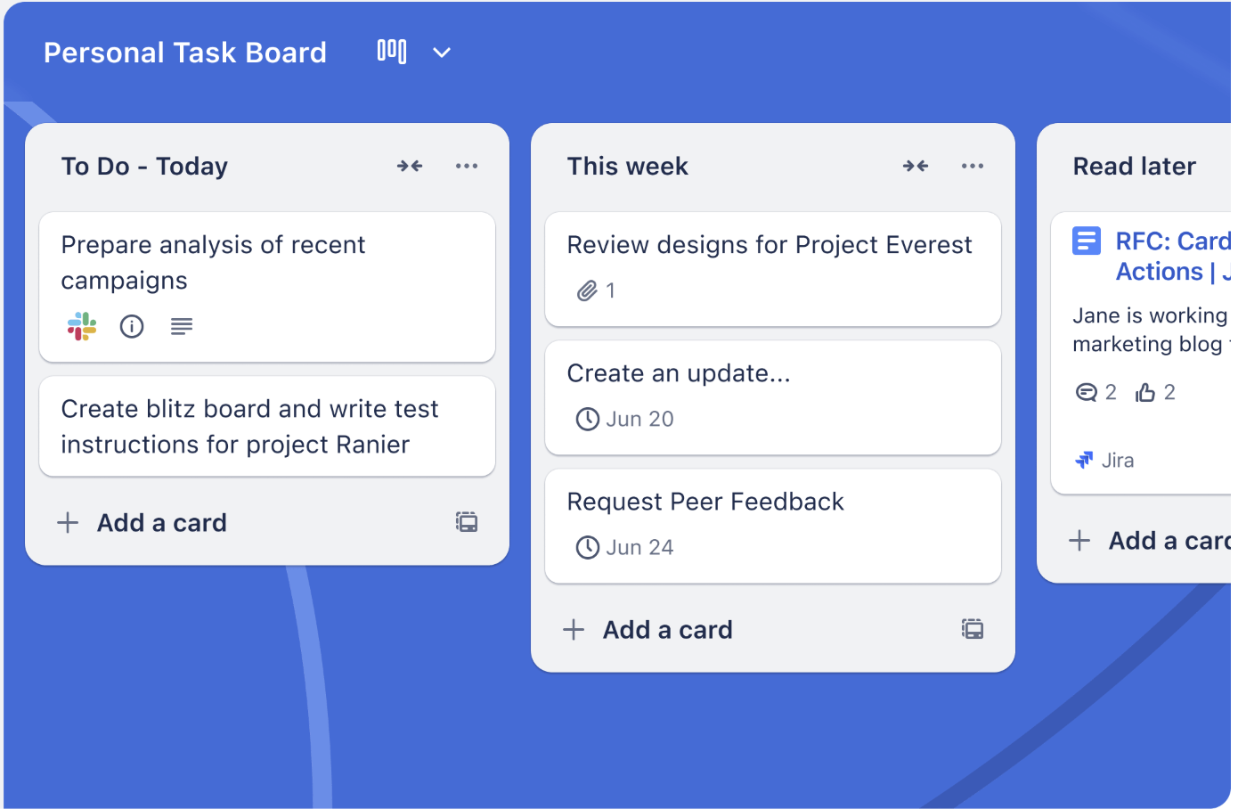 Trello Kanban board interface showing tasks categorized by today, this week, and read later.