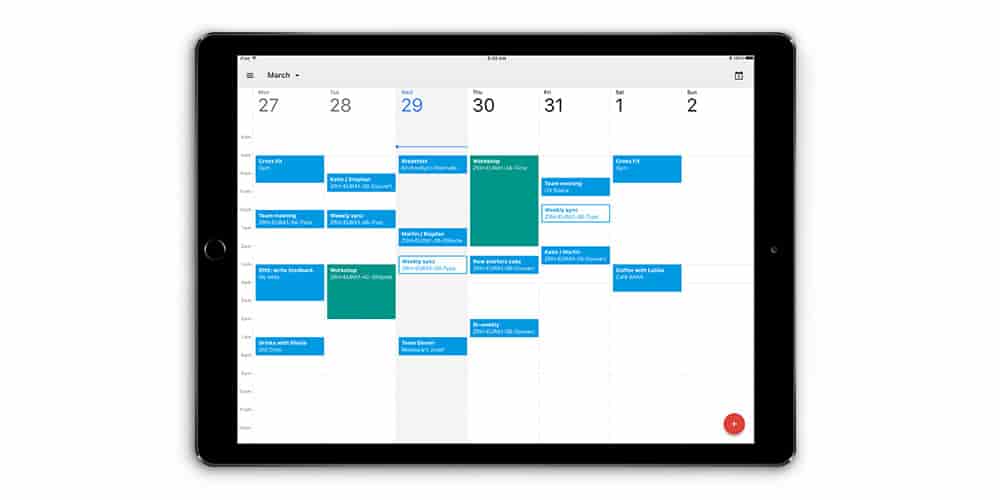 iPad view of Google Calendar with a weekly schedule and multiple time-blocked meetings.