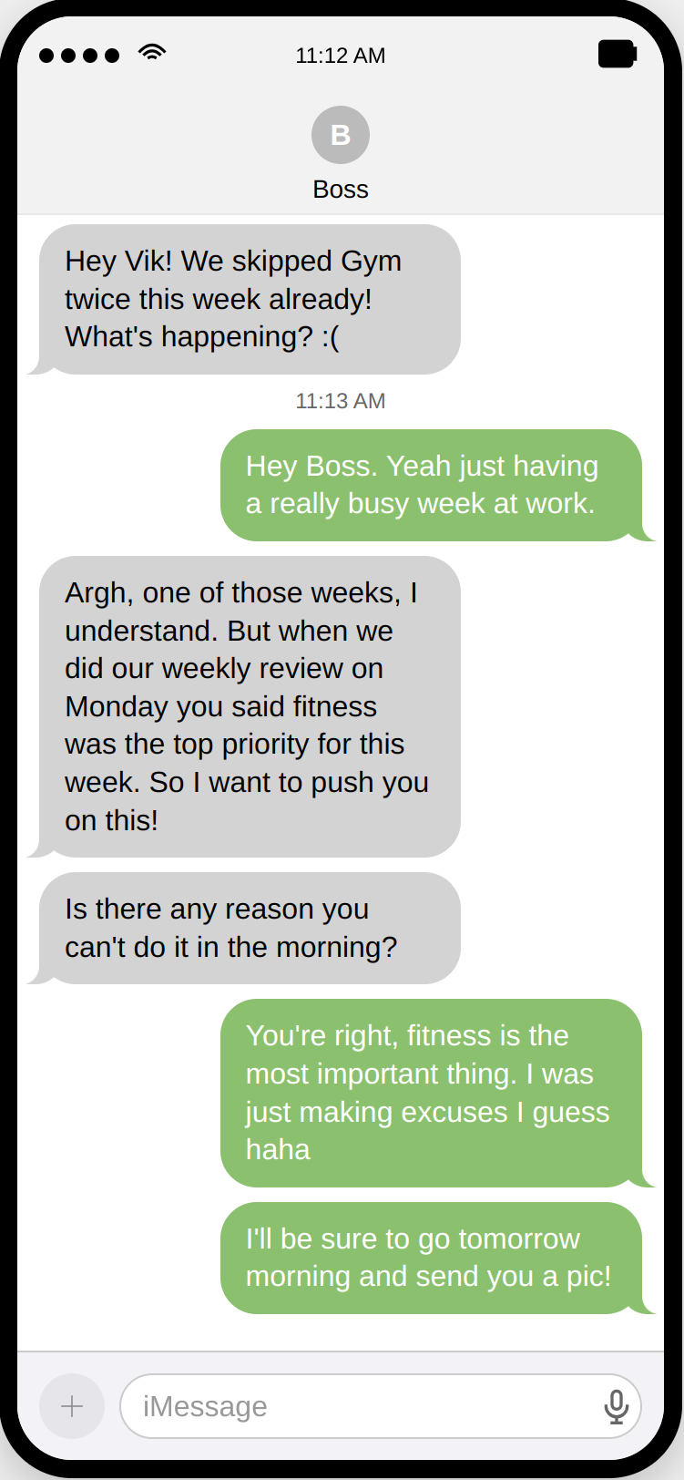 iPhone mockup of a text conversation where a Boss reminds the user about skipped gym sessions. The user admits to slipping up and commits to going tomorrow morning.